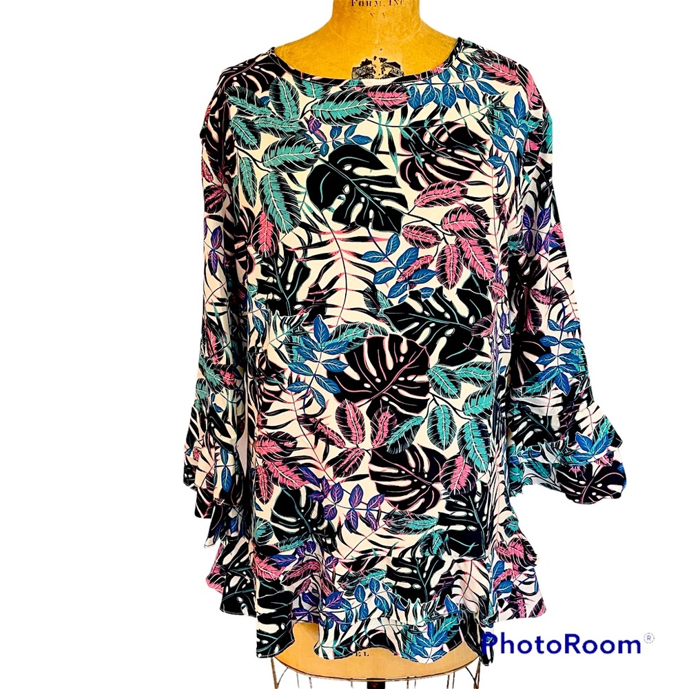 NWT Tropical Leaf Print Tunic Blouse, Ruffle Hem & Sleeves, Size 1X